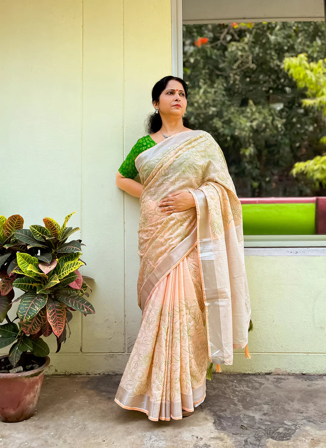Fine Resham Embroidered Peach Soft Linen Saree - TREEVESTO