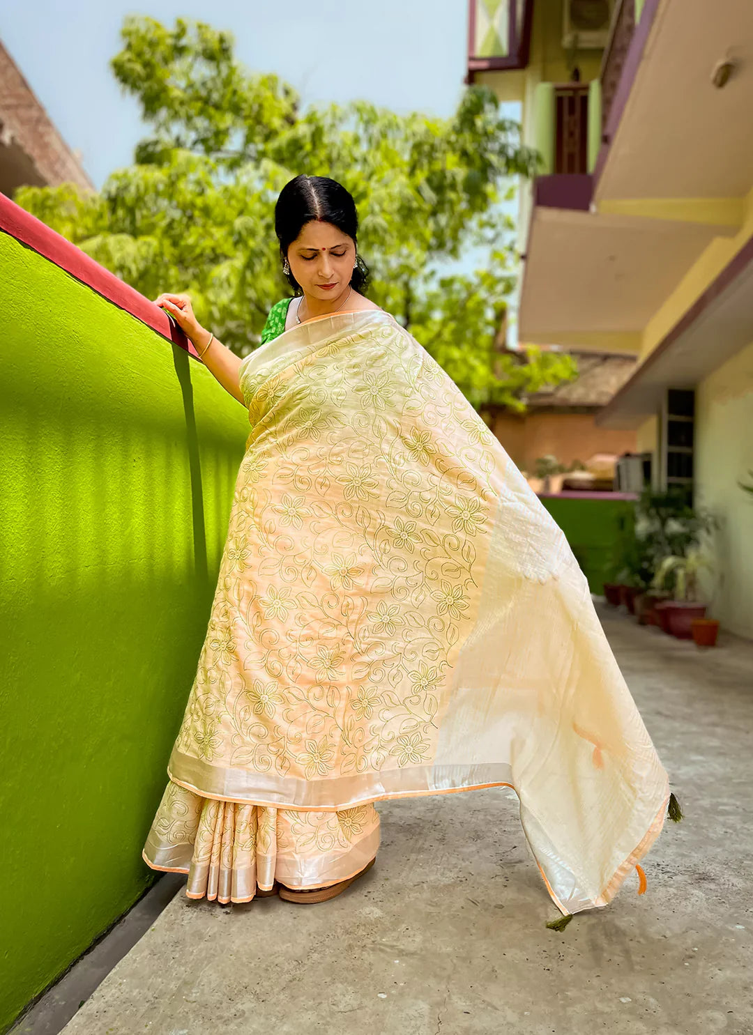 Fine Resham Embroidered Peach Soft Linen Saree - TREEVESTO