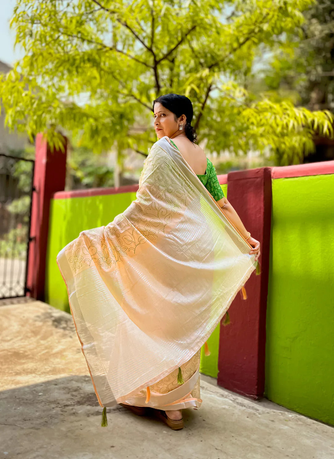 Fine Resham Embroidered Peach Soft Linen Saree - TREEVESTO