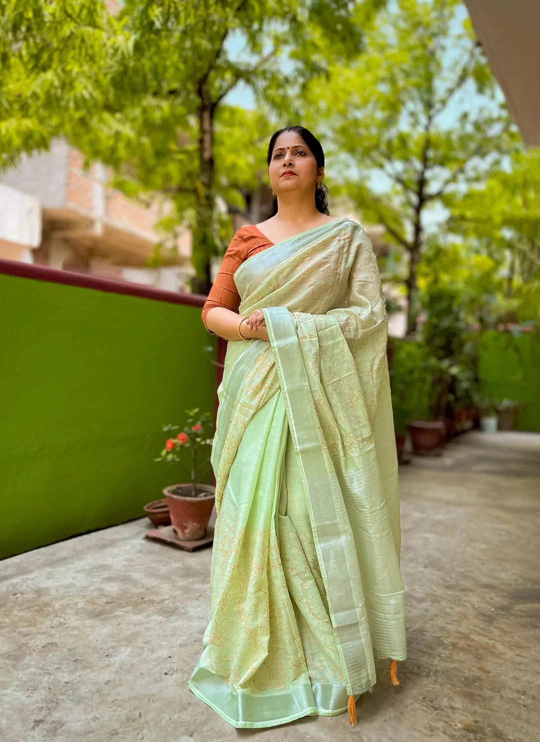 Fine Resham Embroidered Tea Green Soft Linen Saree - TREEVESTO