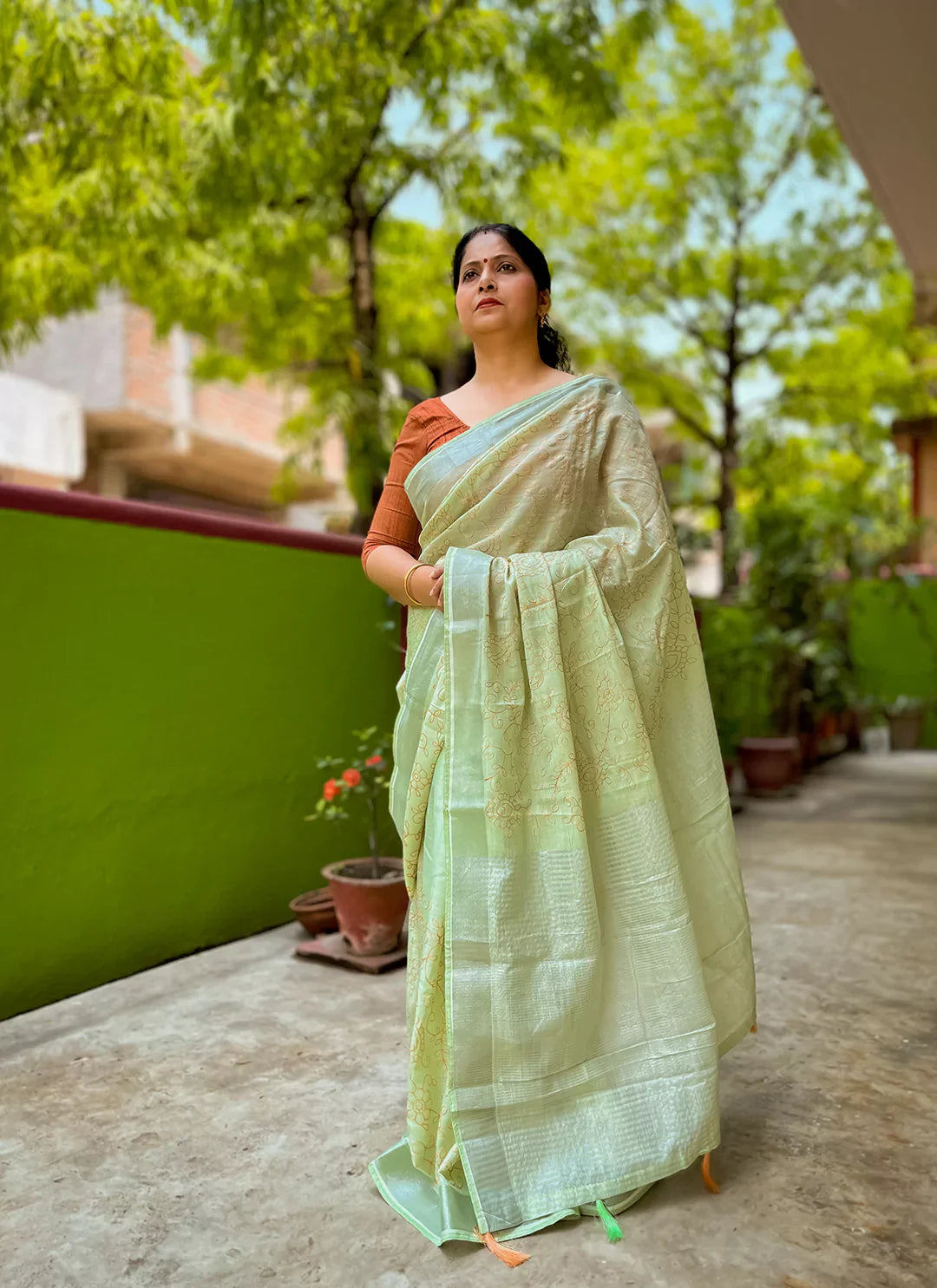 Fine Resham Embroidered Tea Green Soft Linen Saree - TREEVESTO