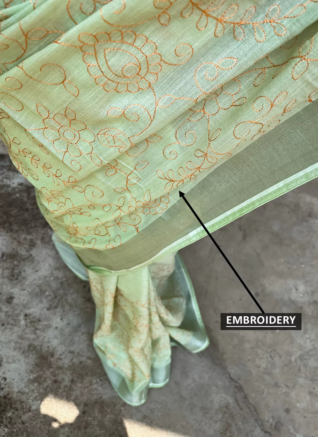 Fine Resham Embroidered Tea Green Soft Linen Saree - TREEVESTO