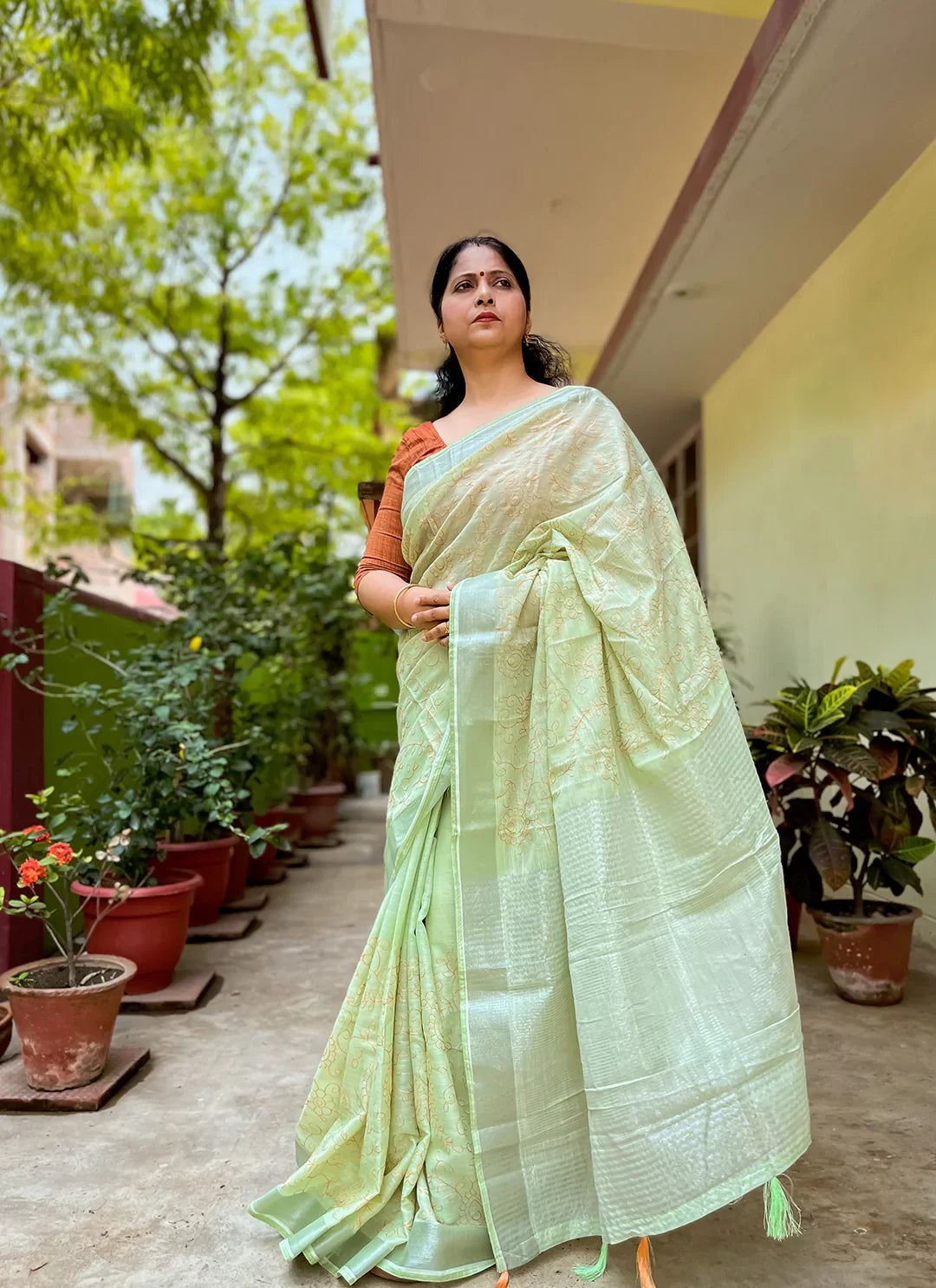 Fine Resham Embroidered Tea Green Soft Linen Saree - TREEVESTO