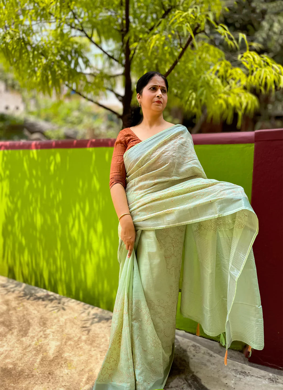 Fine Resham Embroidered Tea Green Soft Linen Saree - TREEVESTO