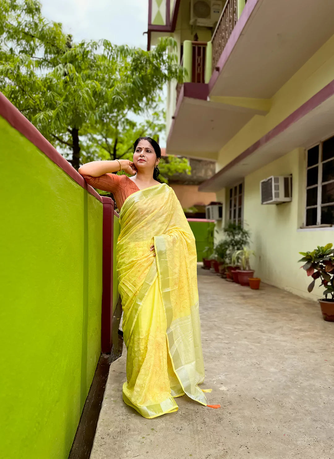 Fine Resham Embroidered Yellow Soft Linen Saree - TREEVESTO