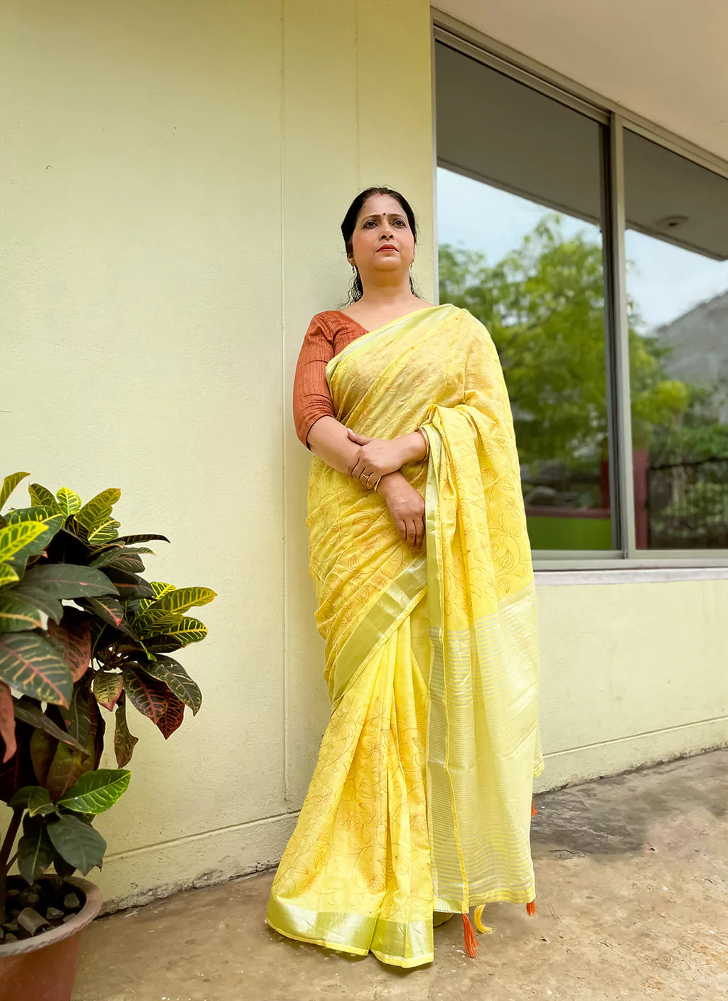 Fine Resham Embroidered Yellow Soft Linen Saree - TREEVESTO