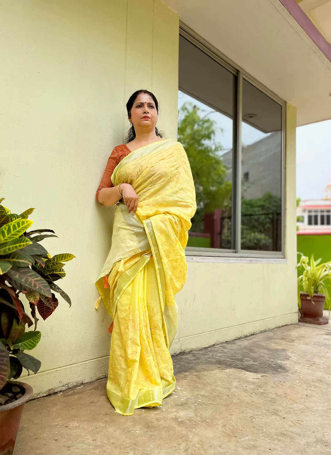 Fine Resham Embroidered Yellow Soft Linen Saree - TREEVESTO