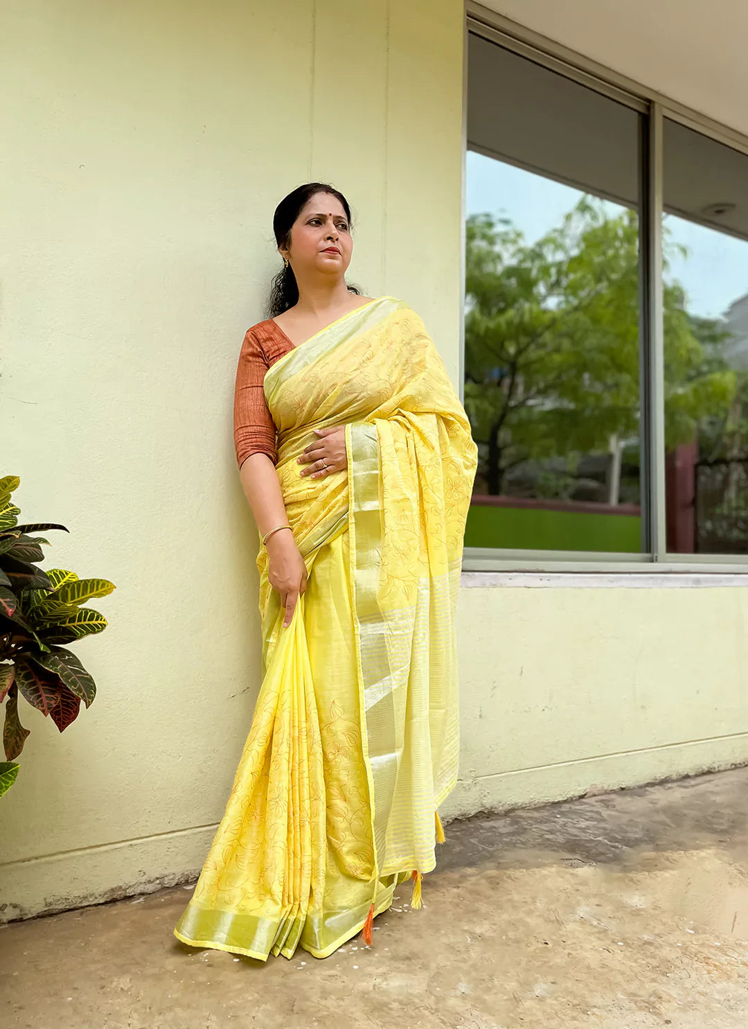 Fine Resham Embroidered Yellow Soft Linen Saree - TREEVESTO