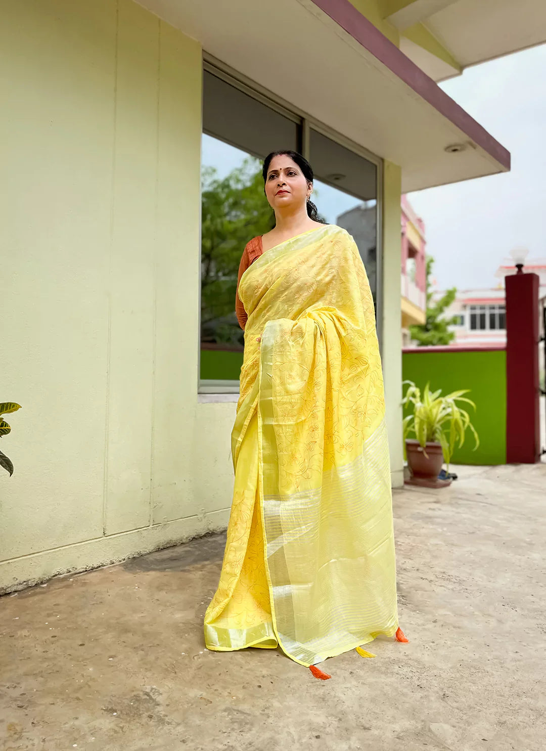 Fine Resham Embroidered Yellow Soft Linen Saree - TREEVESTO