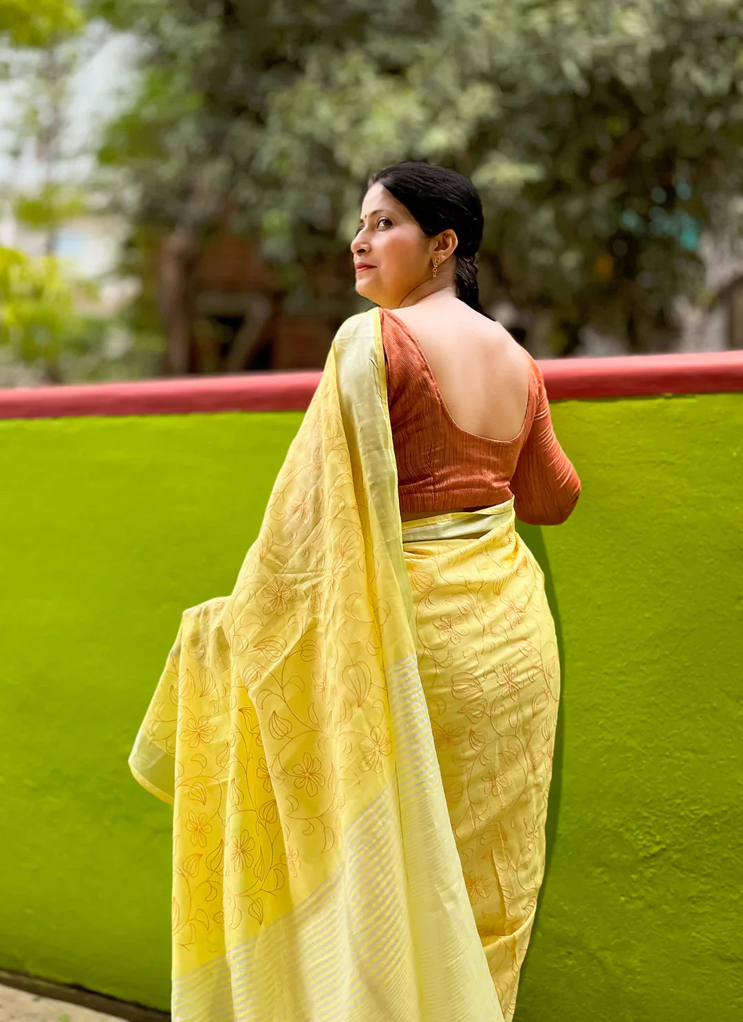 Fine Resham Embroidered Yellow Soft Linen Saree - TREEVESTO