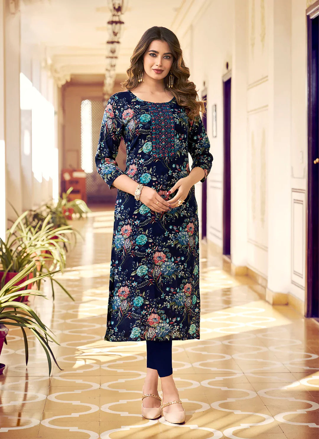 Floral Print Carbon Blue Yoke Design Liva Straight Kurta treevesto