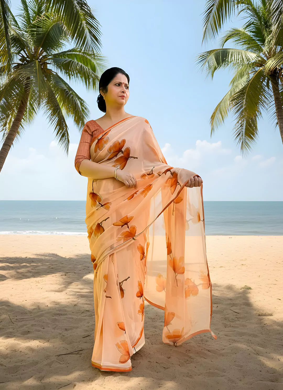 Floral Print Coral Colored Ultra Soft Weightless Chiffon Saree  TREEVESTO
