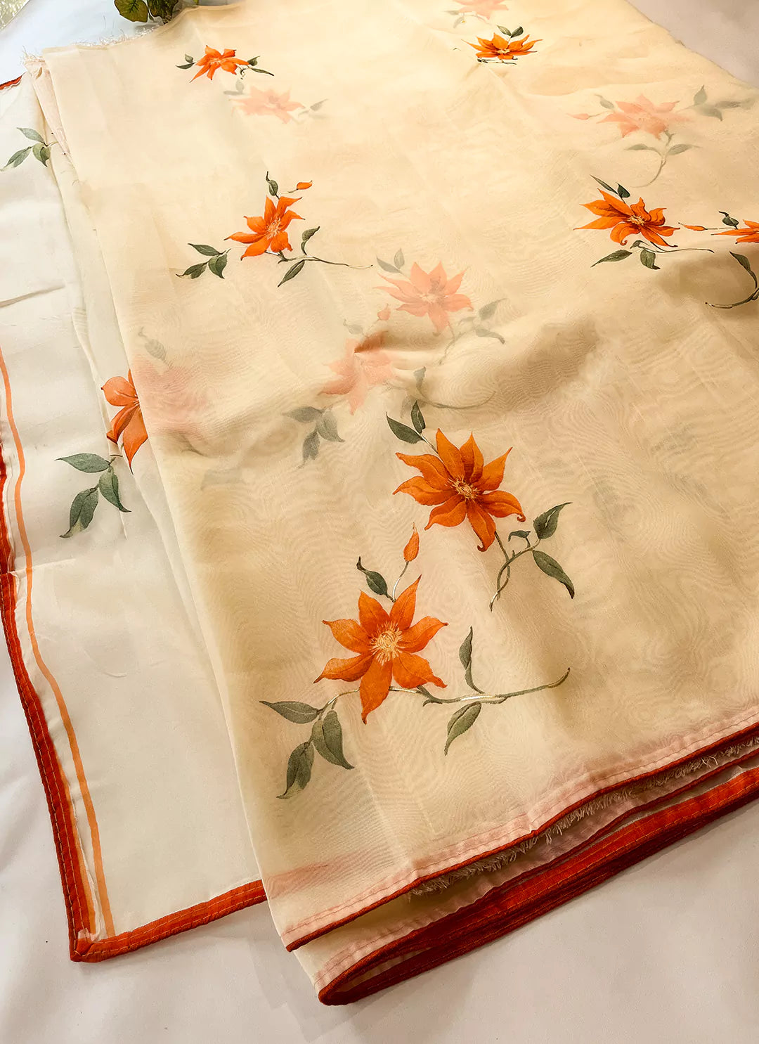 Floral Print Cream Colored Organza Saree - TREEVESTO