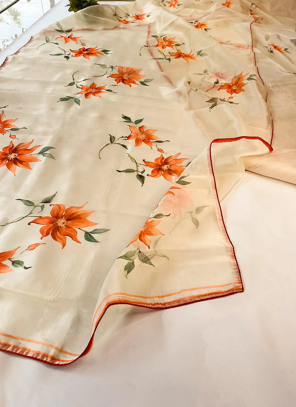 Floral Print Cream Colored Organza Saree - TREEVESTO