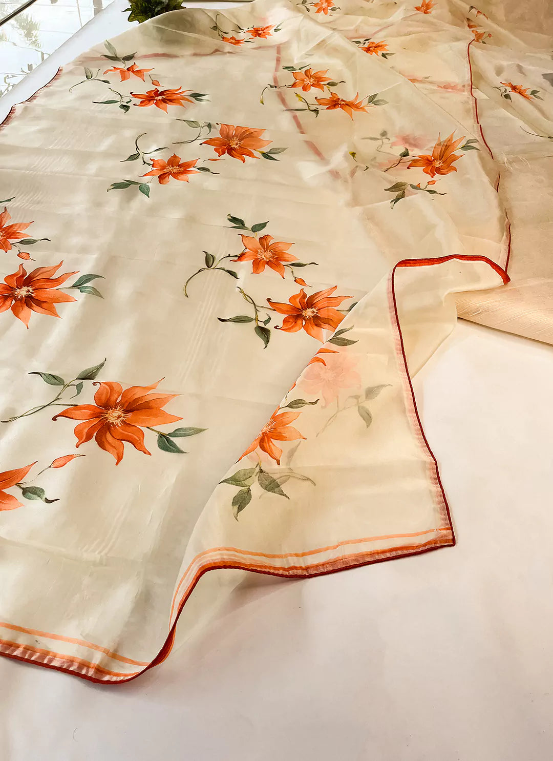 Floral Print Cream Colored Organza Saree - TREEVESTO