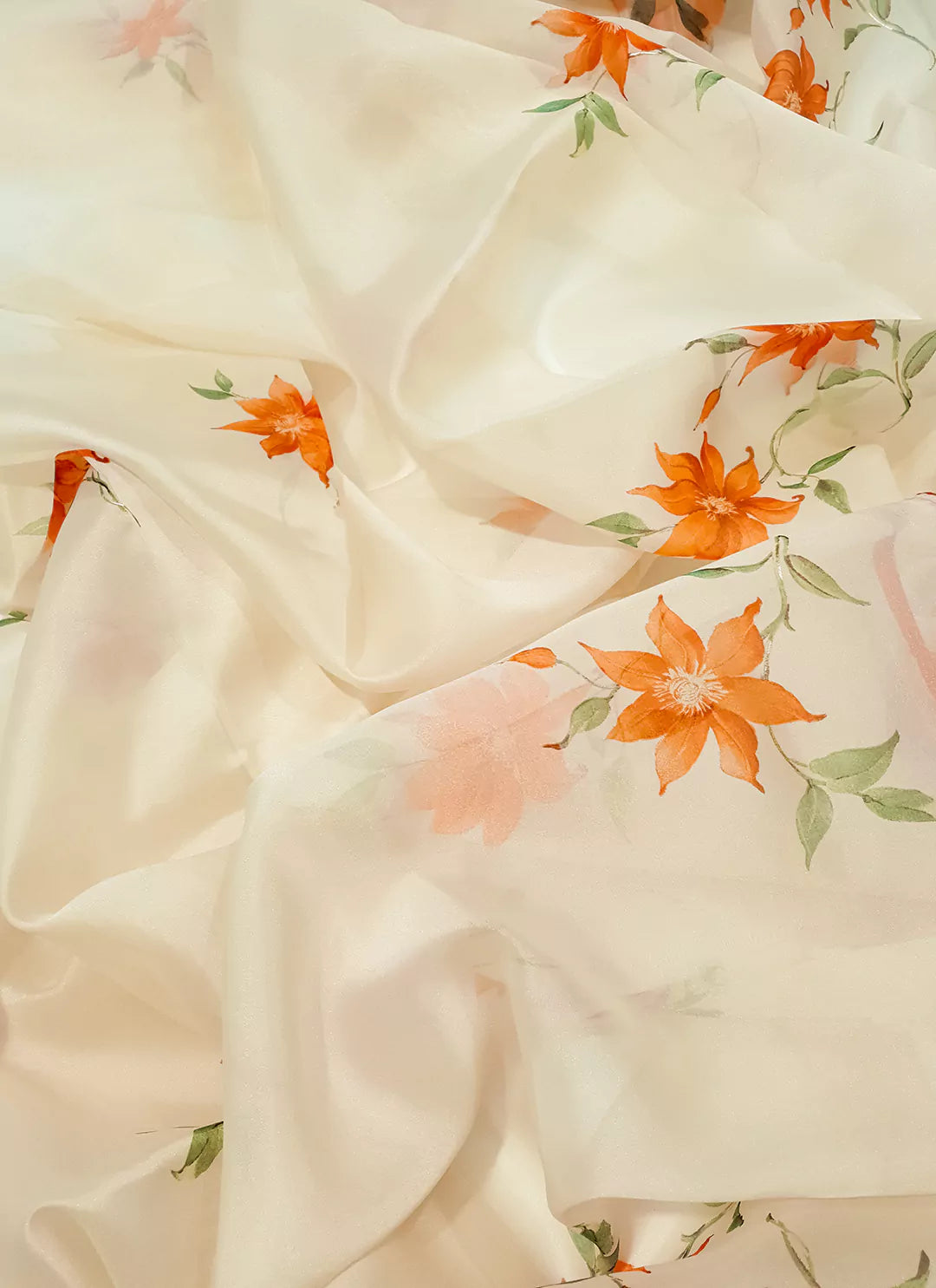 Floral Print Cream Colored Organza Saree - TREEVESTO