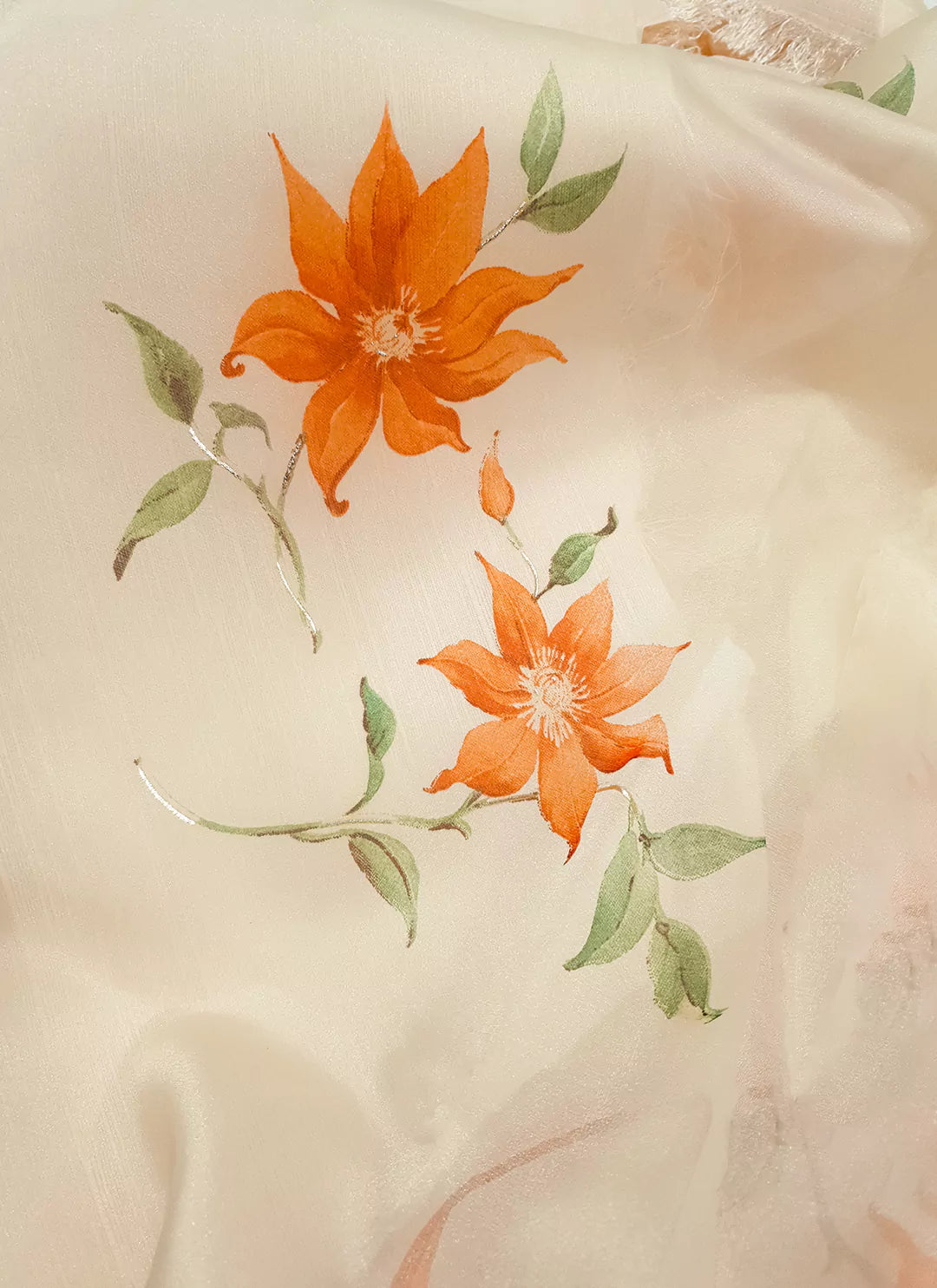 Floral Print Cream Colored Organza Saree - TREEVESTO