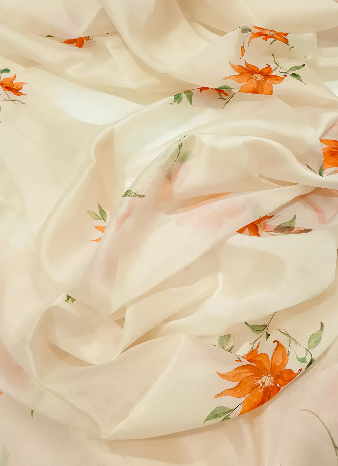 Floral Print Cream Colored Organza Saree - TREEVESTO
