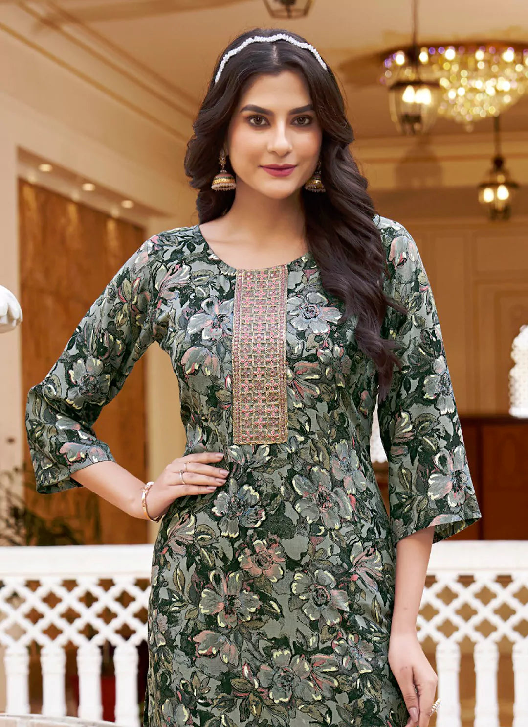 Floral Print Grey Yoke Design Liva Straight Kurta treevesto