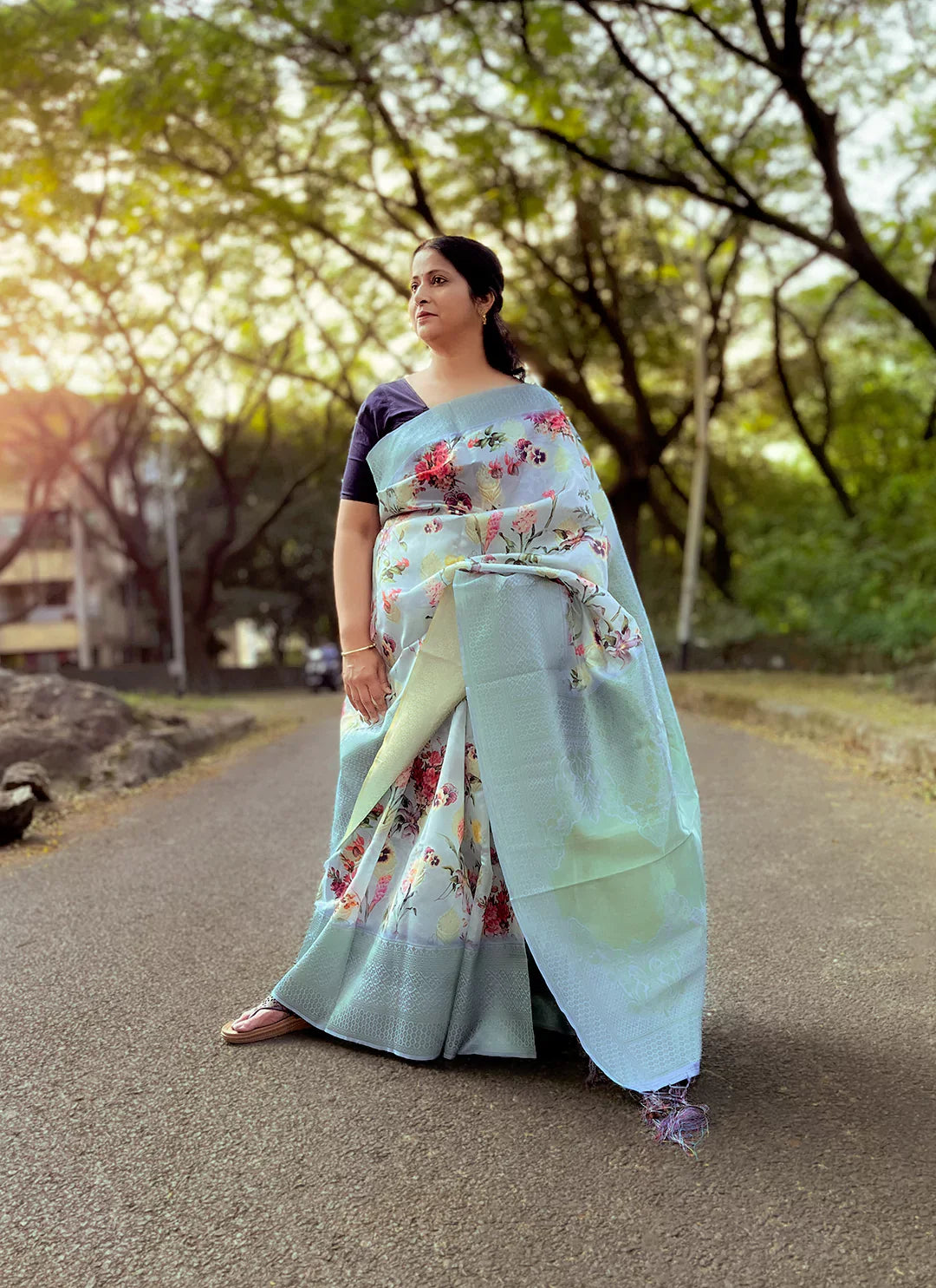 Floral Print Icy Blue Silk Saree With Zari Motifs - TREEVESTO
