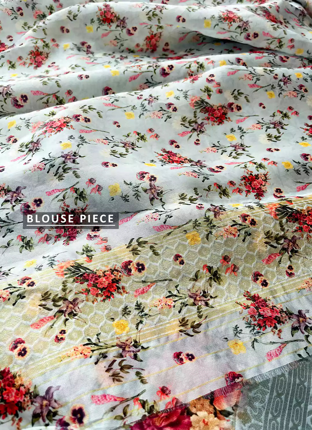 Floral Print Icy Blue Silk Saree With Zari Motifs - TREEVESTO