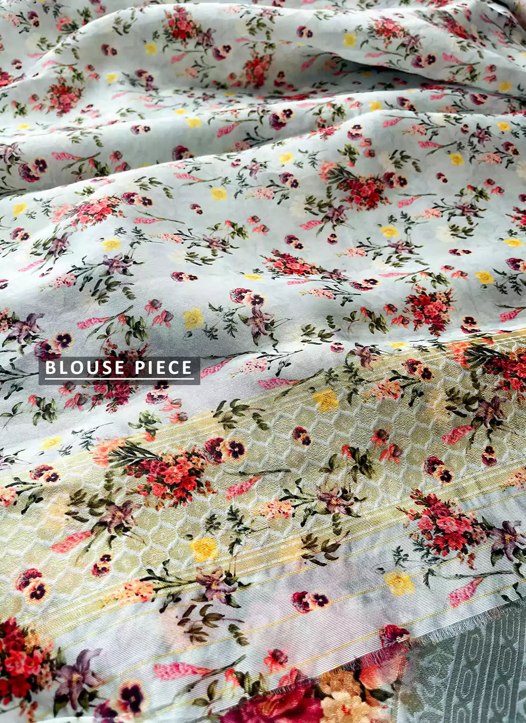 Floral Print Icy Blue Silk Saree With Zari Motifs - TREEVESTO