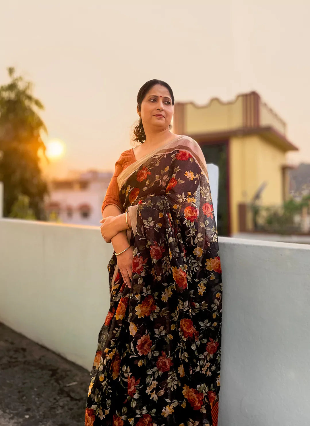 Floral Print Linen Cotton Saree In Black With Silver Zari Border - TREEVESTO