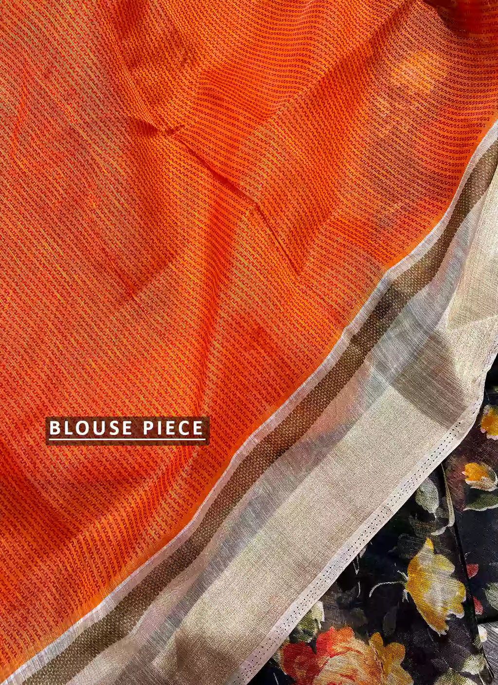 Floral Print Linen Cotton Saree In Black With Silver Zari Border - TREEVESTO