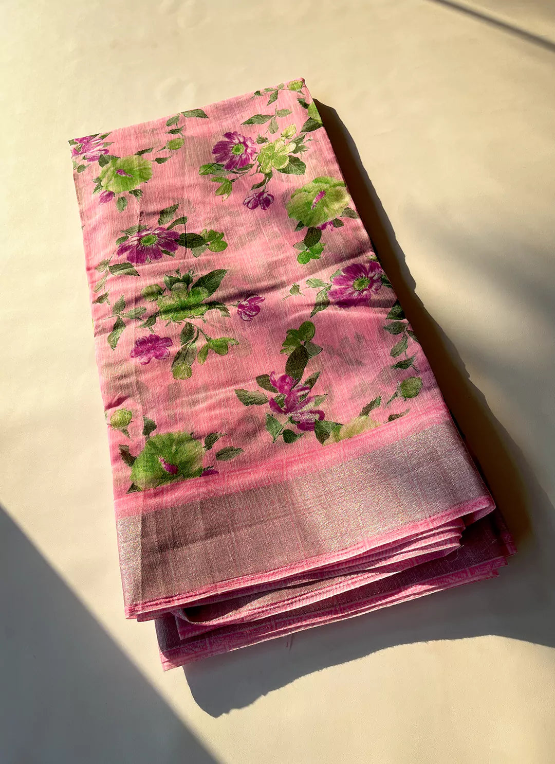 Floral Print Linen Cotton Saree In Pink With Silver Zari Border - TREEVESTO