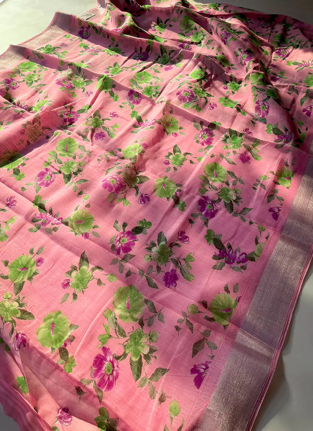 Floral Print Linen Cotton Saree In Pink With Silver Zari Border - TREEVESTO