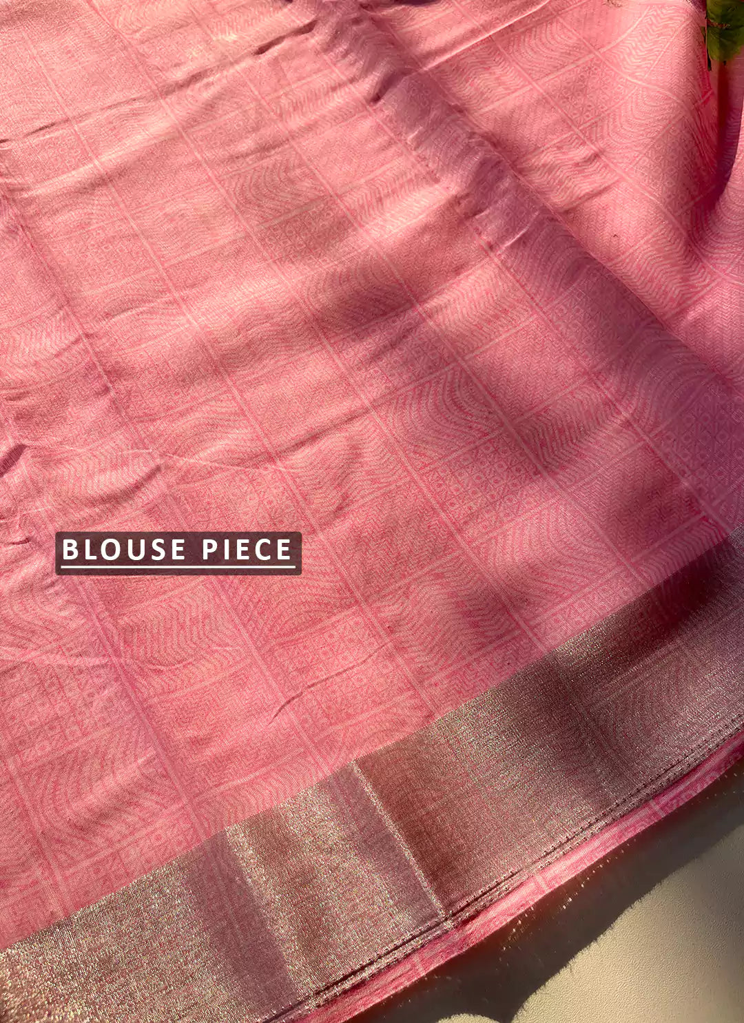 Floral Print Linen Cotton Saree In Pink With Silver Zari Border - TREEVESTO