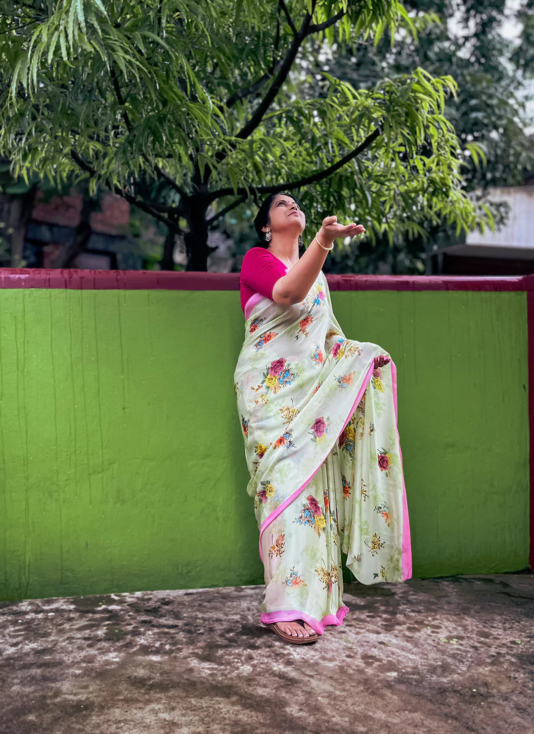 Floral Print Luminary Green Soft Satin Silk Saree - TREEVESTO