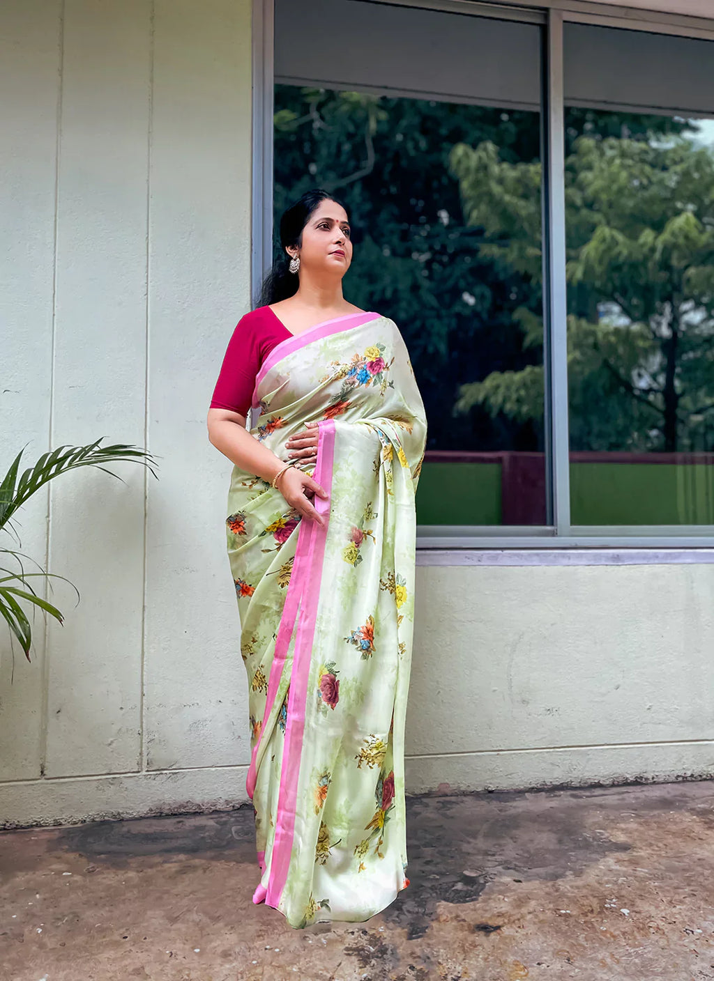 Floral Print Luminary Green Soft Satin Silk Saree - TREEVESTO