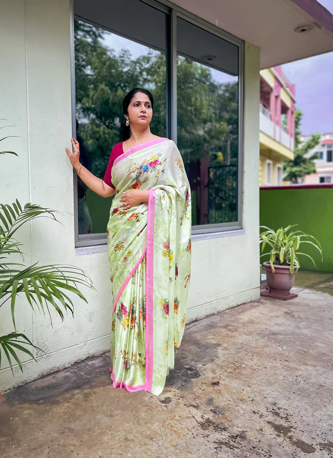 Floral Print Luminary Green Soft Satin Silk Saree - TREEVESTO
