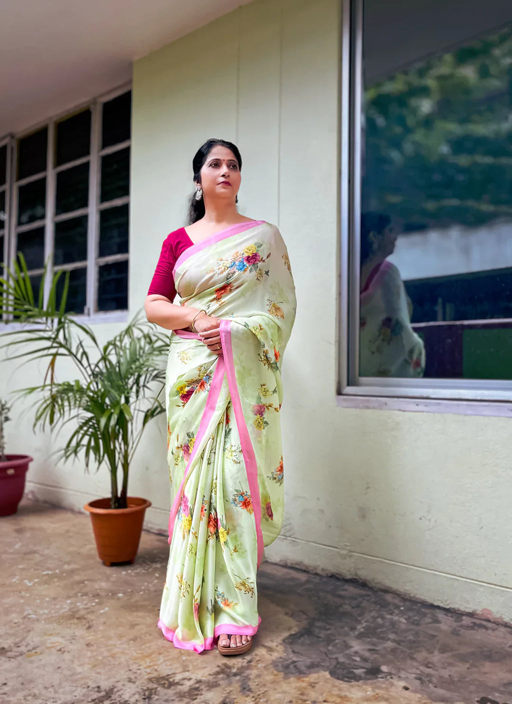 Floral Print Luminary Green Soft Satin Silk Saree - TREEVESTO
