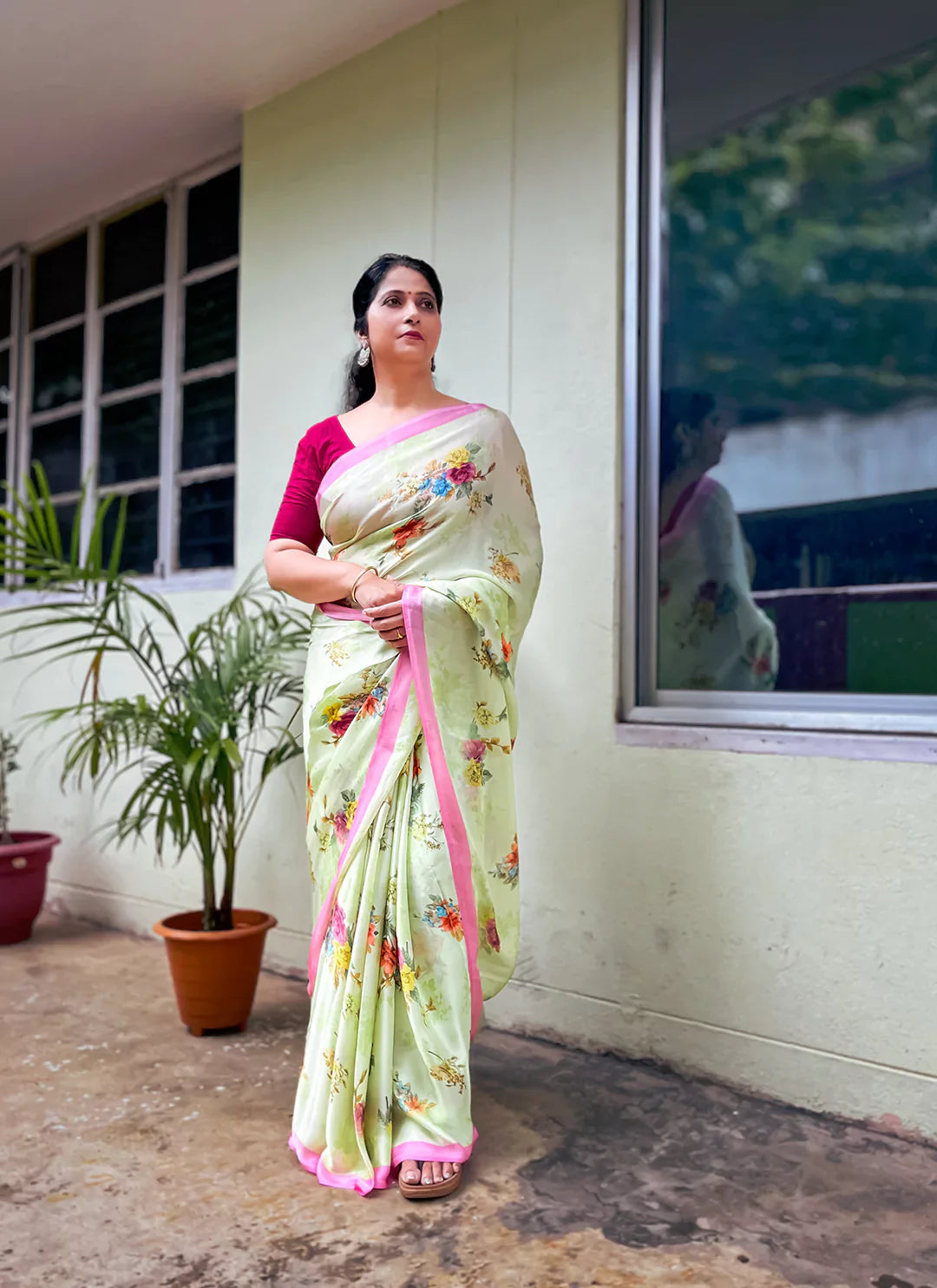 Floral Print Luminary Green Soft Satin Silk Saree - TREEVESTO
