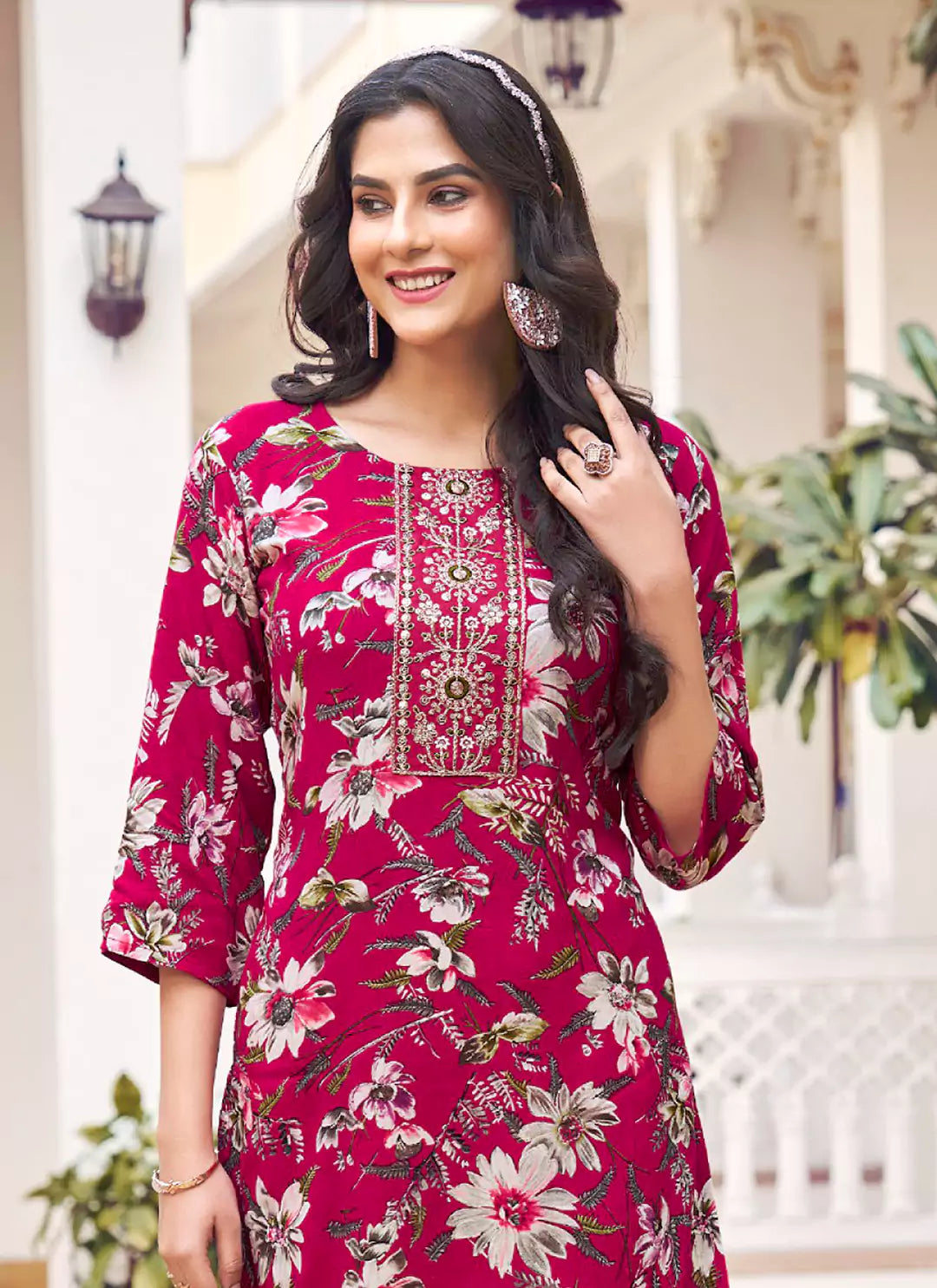 Floral Print Magenta Yoke Design Liva Straight Kurta treevesto