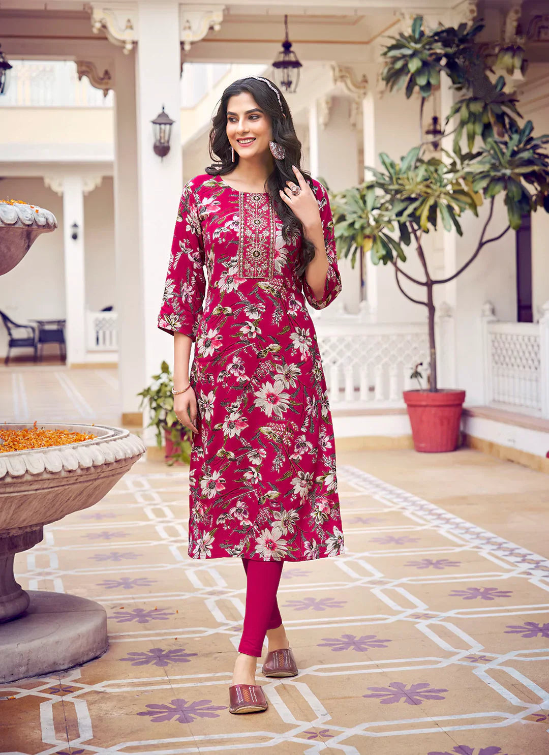 Floral Print Magenta Yoke Design Liva Straight Kurta treevesto