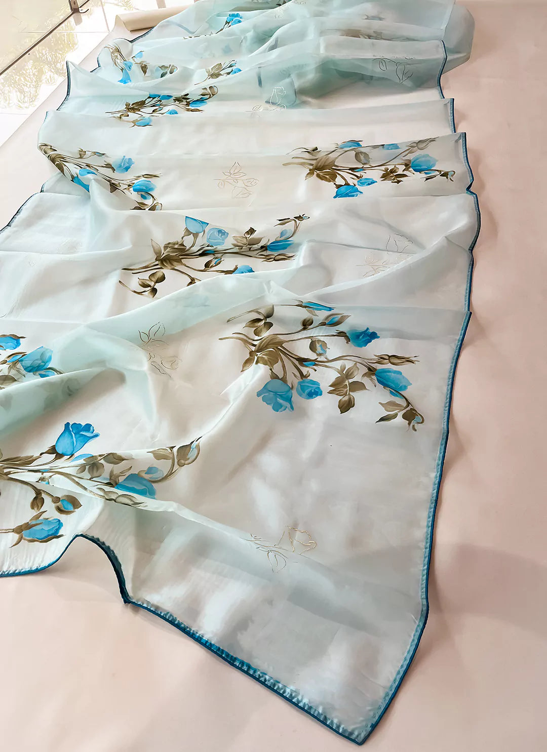Floral Print Maya Blue Organza Saree - TREEVESTO