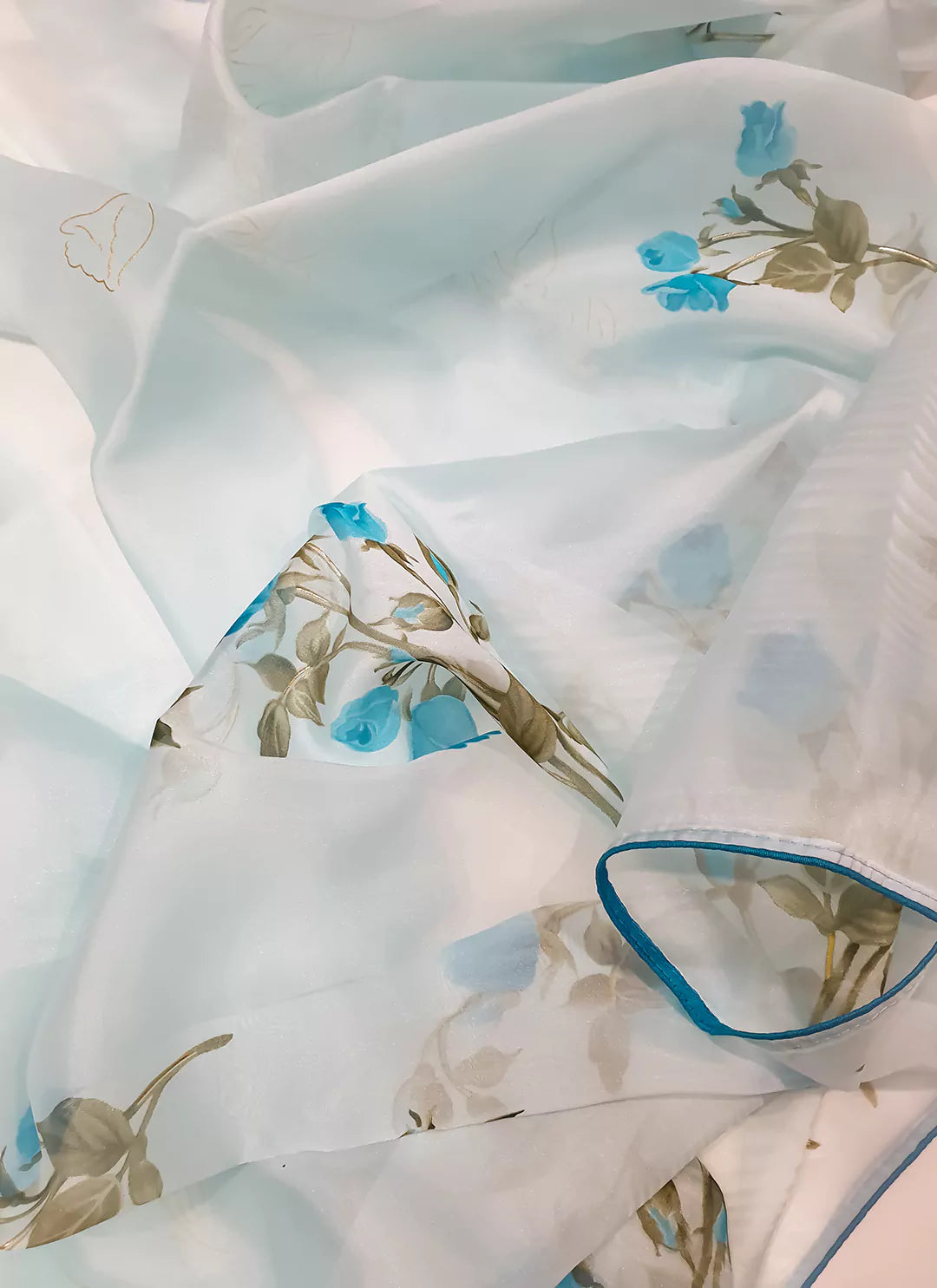 Floral Print Maya Blue Organza Saree - TREEVESTO