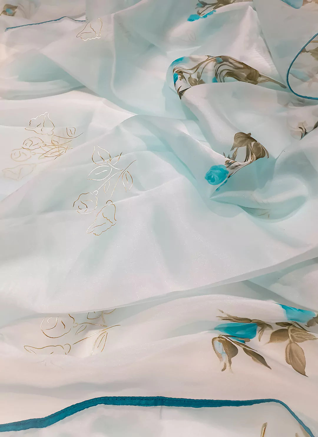 Floral Print Maya Blue Organza Saree - TREEVESTO