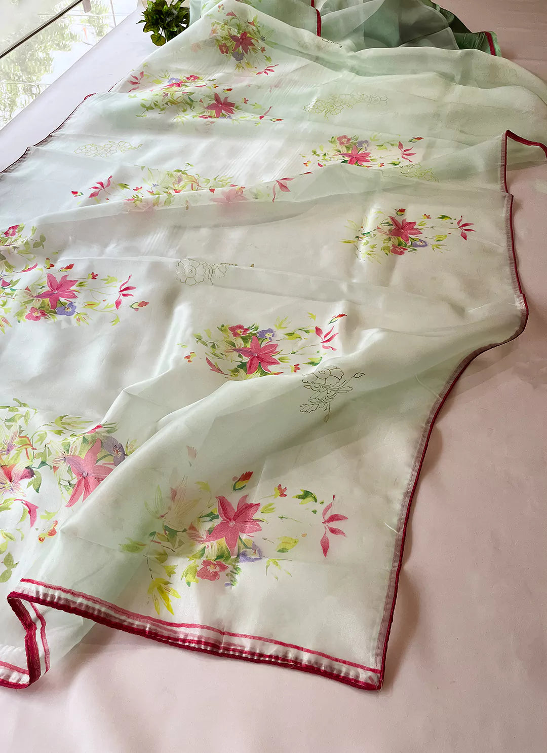 Floral Print Mint Green Organza Saree - TREEVESTO
