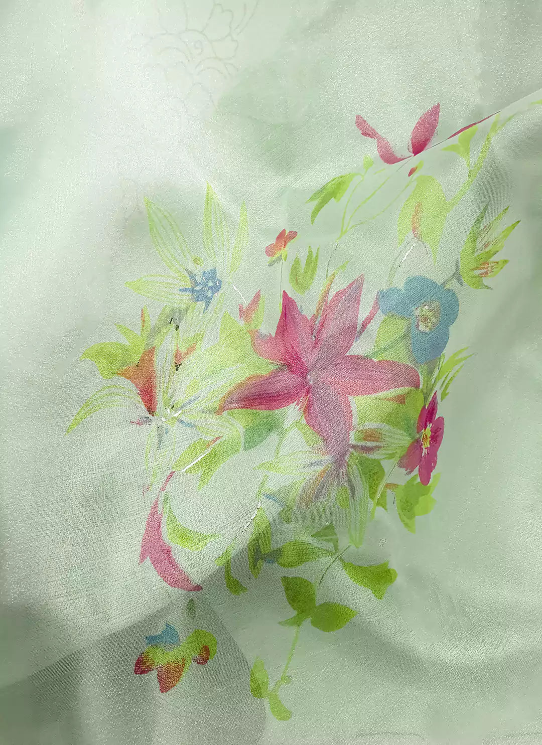 Floral Print Mint Green Organza Saree - TREEVESTO
