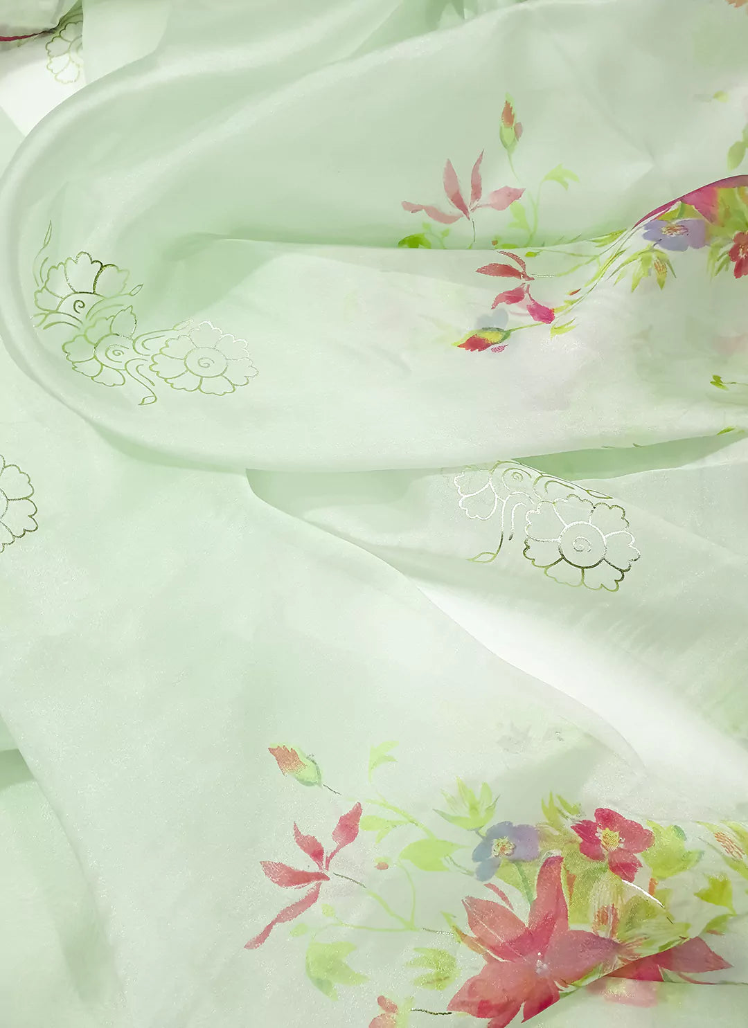 Floral Print Mint Green Organza Saree - TREEVESTO
