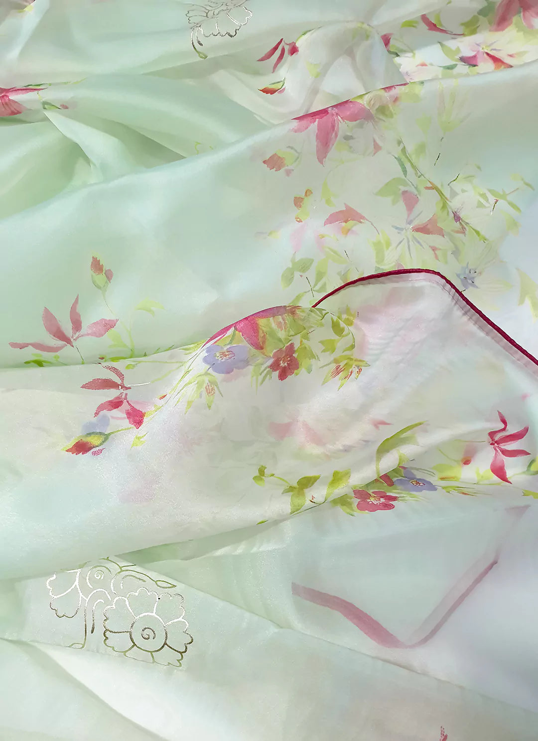 Floral Print Mint Green Organza Saree - TREEVESTO