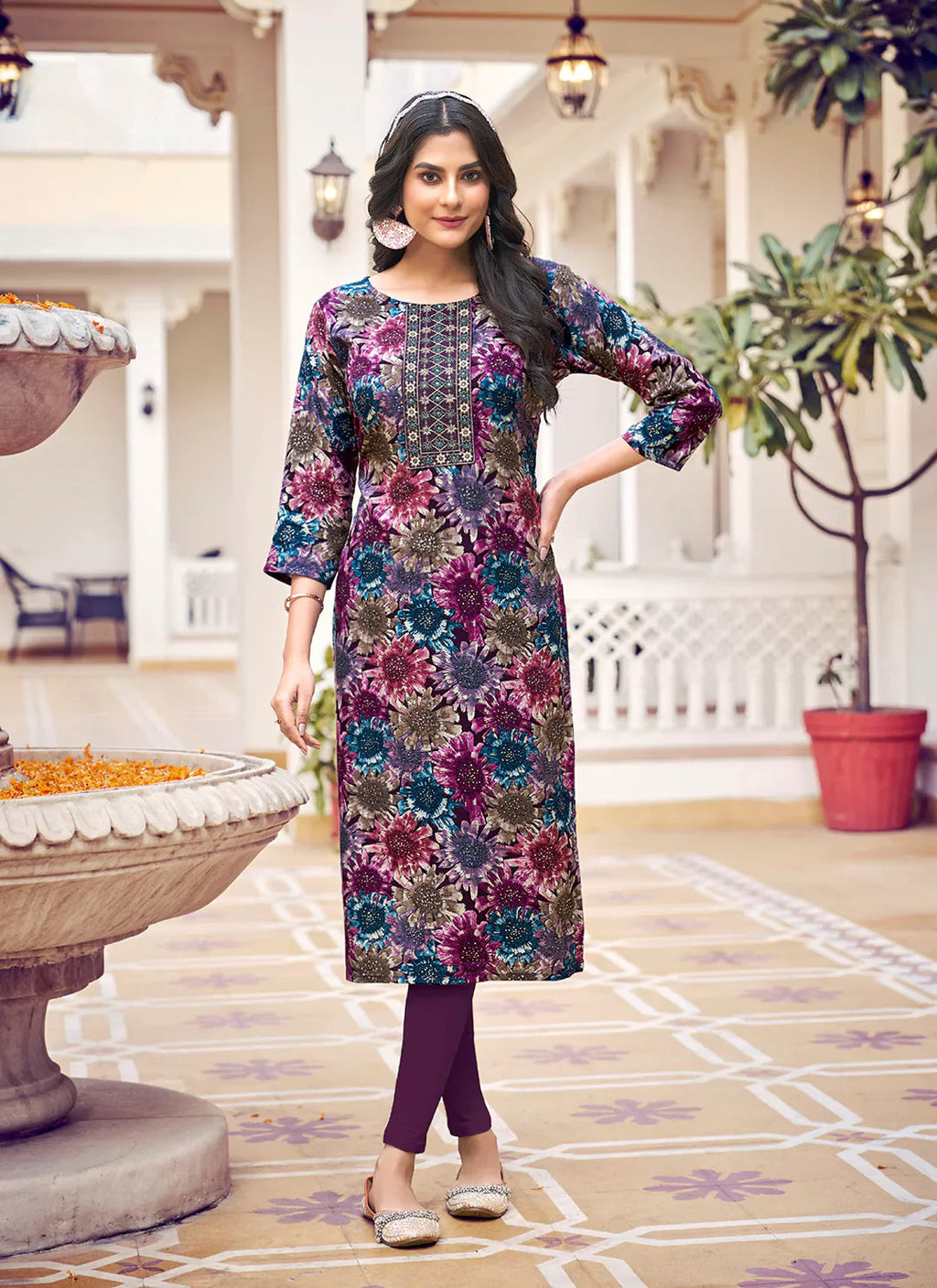 Floral Print Multicolor Yoke Design Liva Straight Kurta treevesto