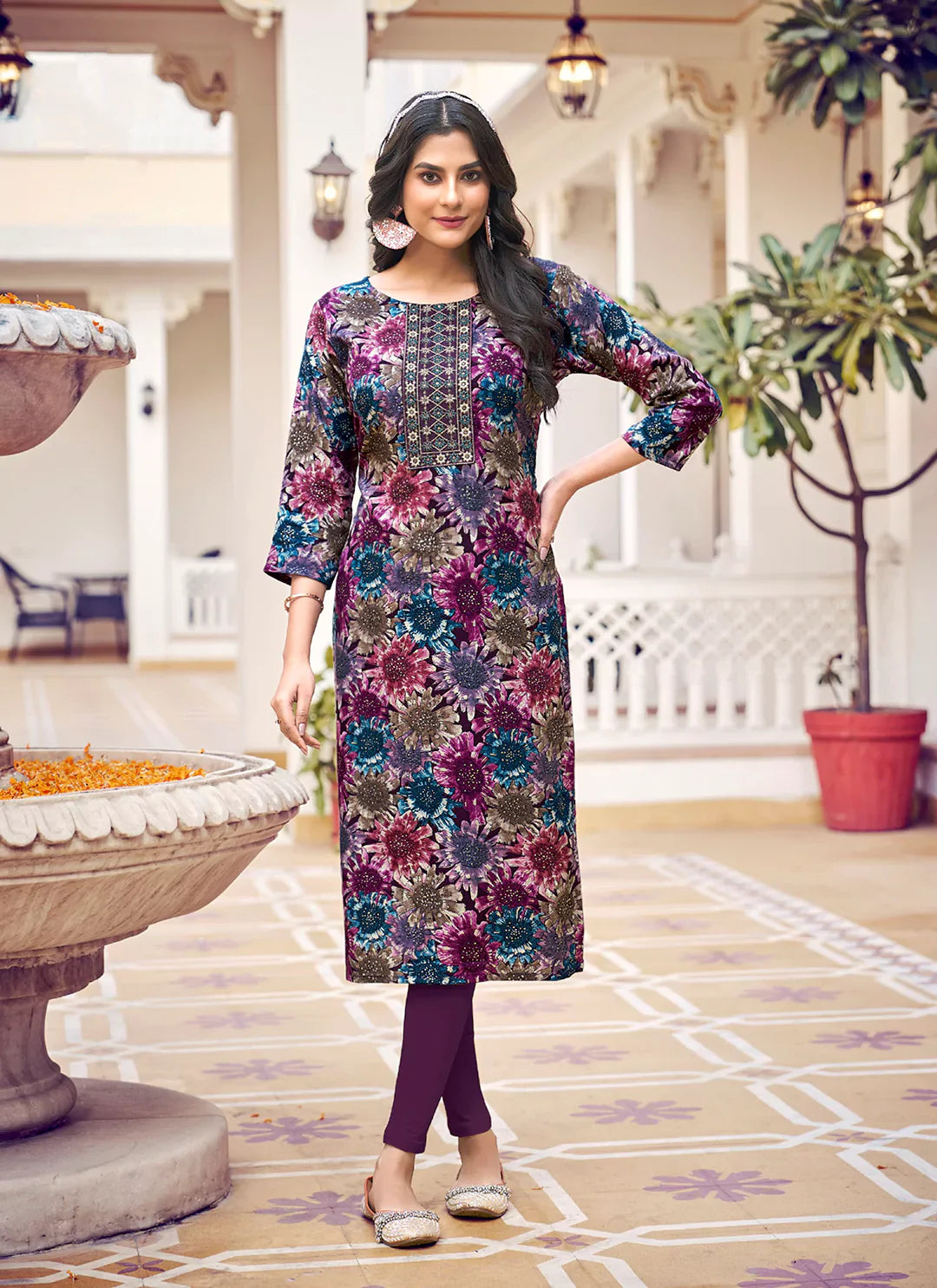 Floral Print Multicolor Yoke Design Liva Straight Kurta treevesto