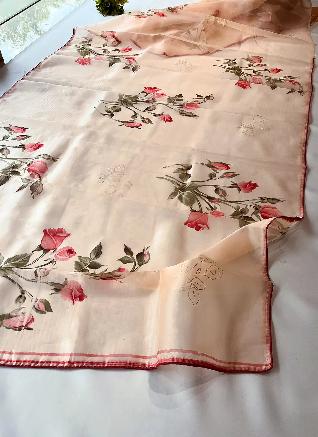 Floral Print Peach Colored Organza Saree - TREEVESTO