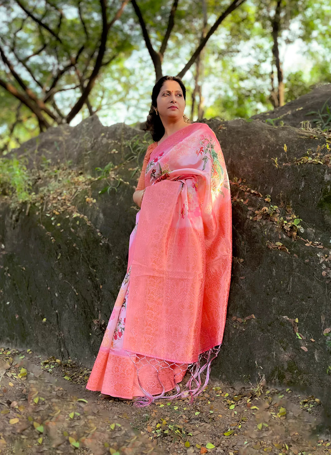 Floral Print Peach Pink Silk Saree With Zari Motifs - TREEVESTO