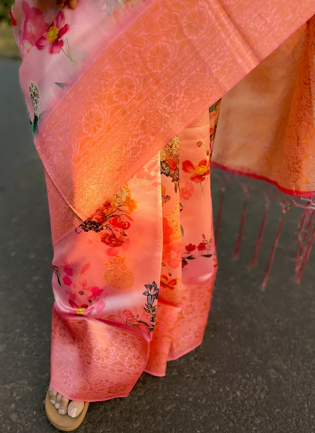Floral Print Peach Pink Silk Saree With Zari Motifs - TREEVESTO